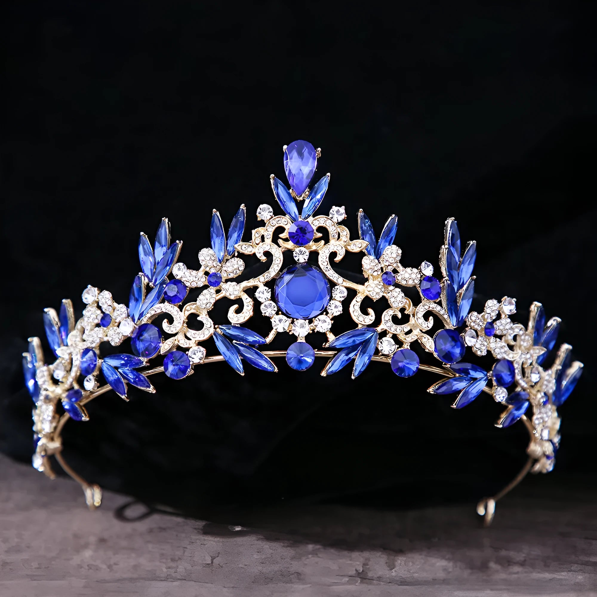 Bridal headdress crown in gold and blue with red white blue crystals on alloy base