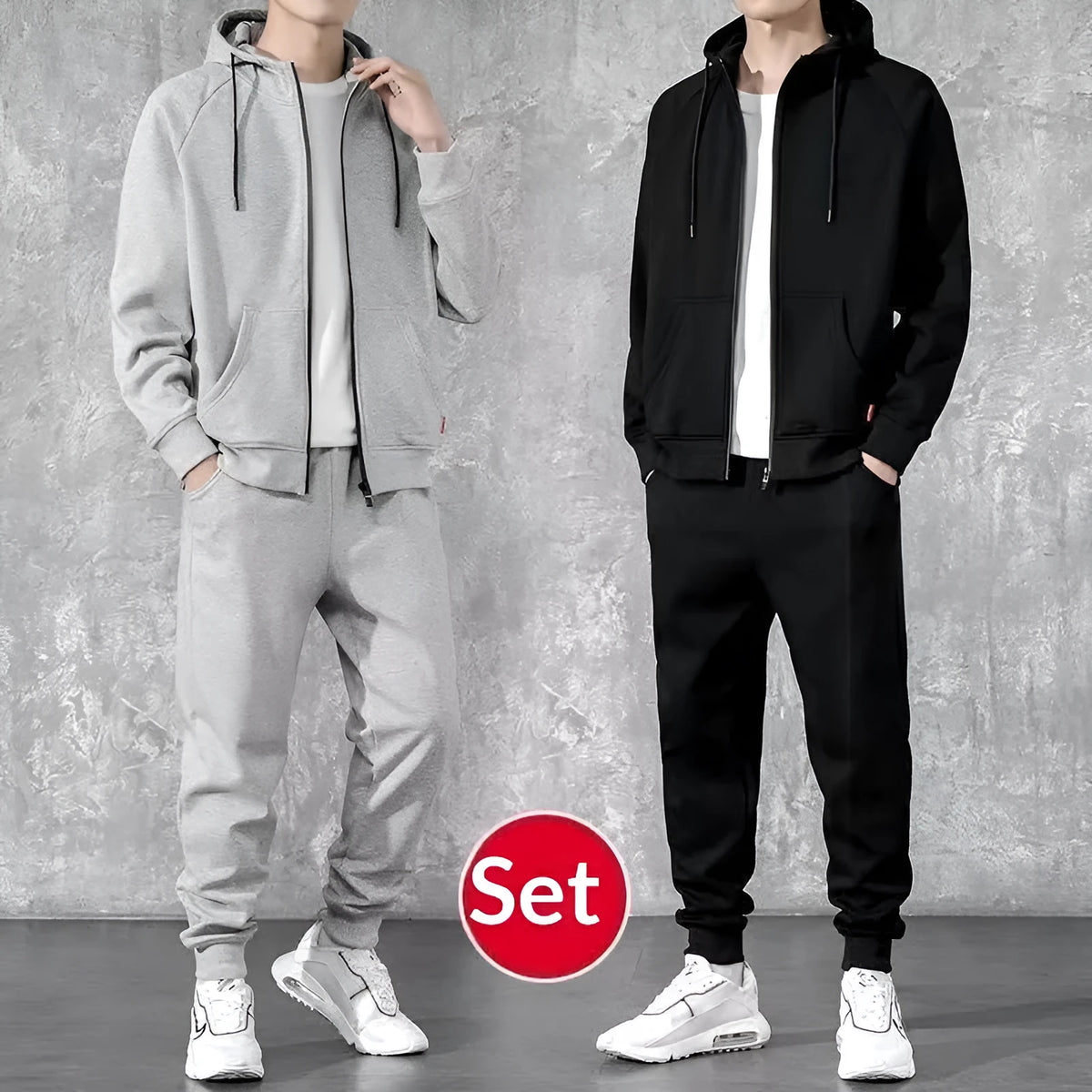 Men's loose zip-up hoodie and jogger set in black or grey cotton, sizes M to 4XL, 400g, spring casual outfit.