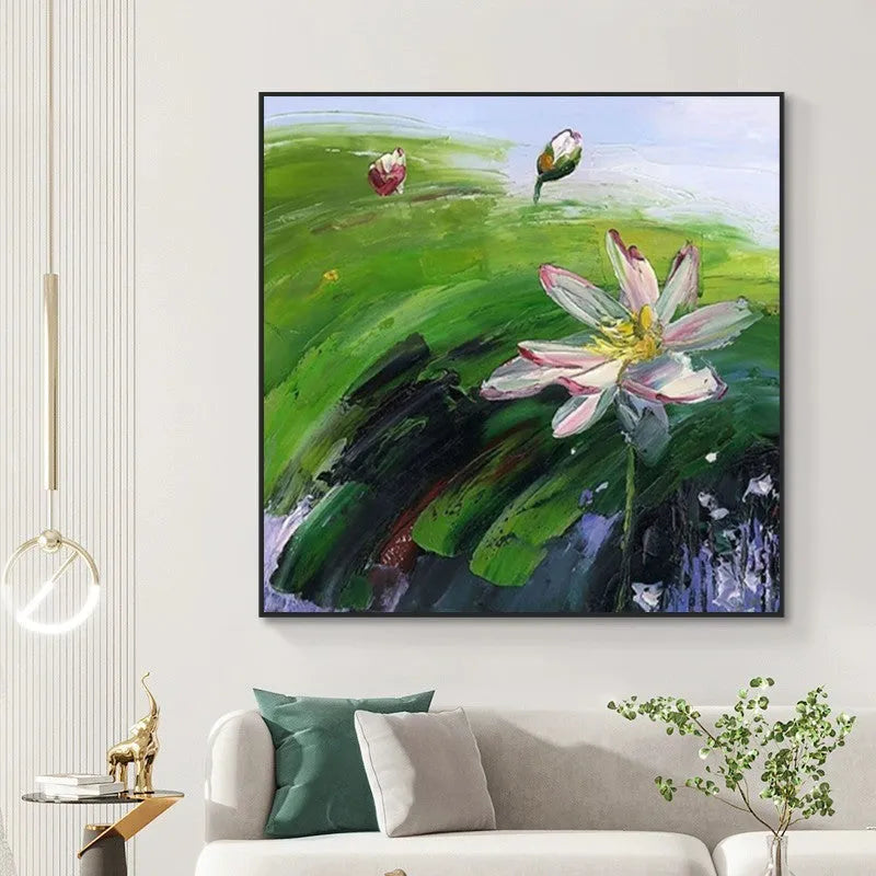 Hand painted square oil painting of a countryside landscape with lotus flowers on canvas, unframed wall art