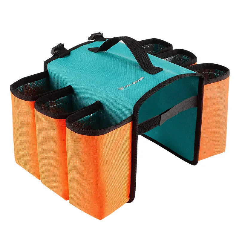 Black and blue orange bicycle double-sided drink storage bag with 2L capacity mounted on a bike rack.