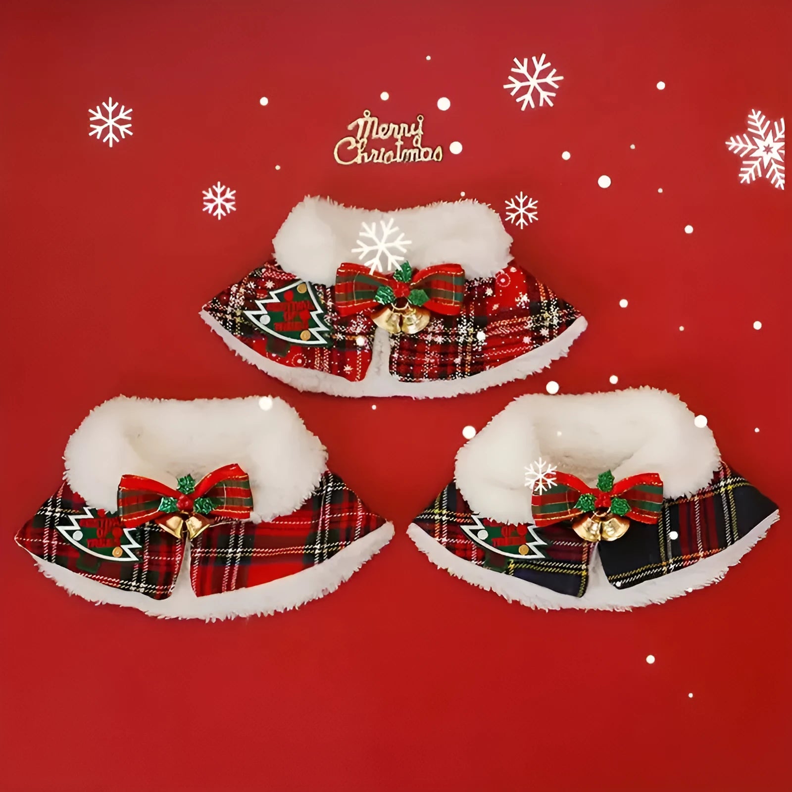Red festive pet cloak with bell design draped on a small dog, showing integrated scarf.