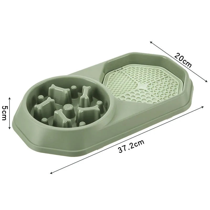 Blue slow feeder dog bowl with maze pattern for anti-gulping, shown with non-slip pads.