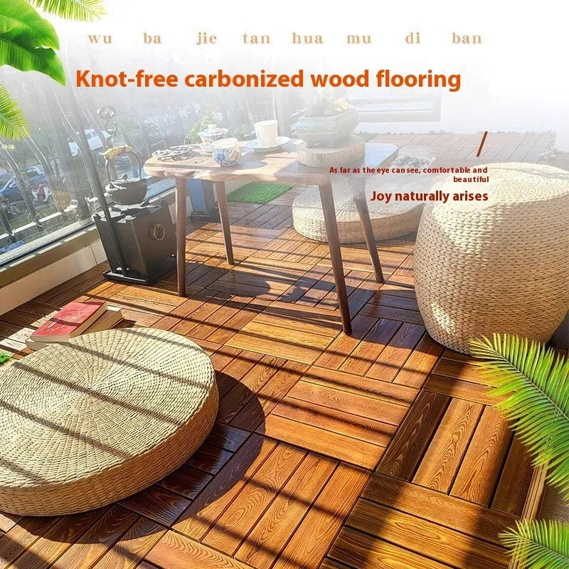 Square camphor pine floor panels with a brushed wood finish, shown in a 30x30cm size.