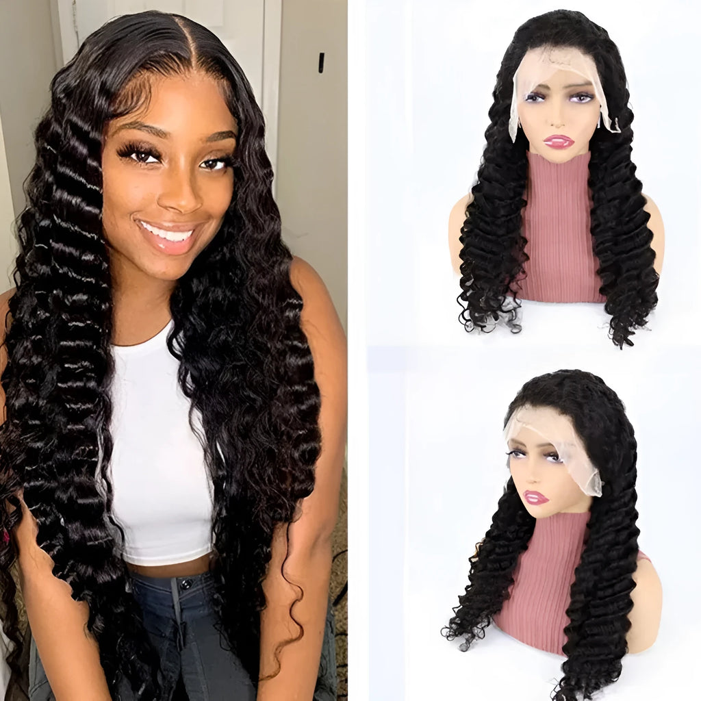 Solid colour human hair wig with half lace front cap, shown in long length