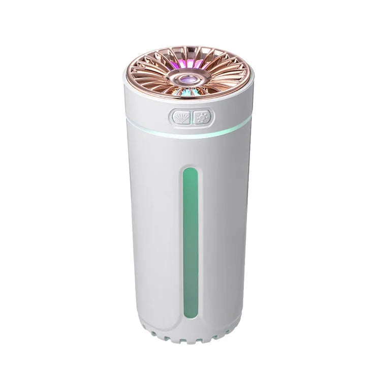 Black portable USB rechargeable humidifier with colourful lights on a car cup holder.