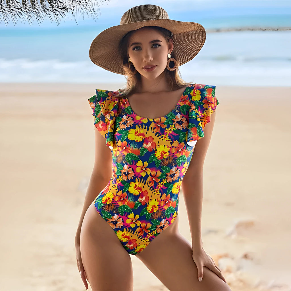 Women's one-piece swimsuit with U-shaped collar and lace design, polyester fabric, sleeveless, available in multiple colours