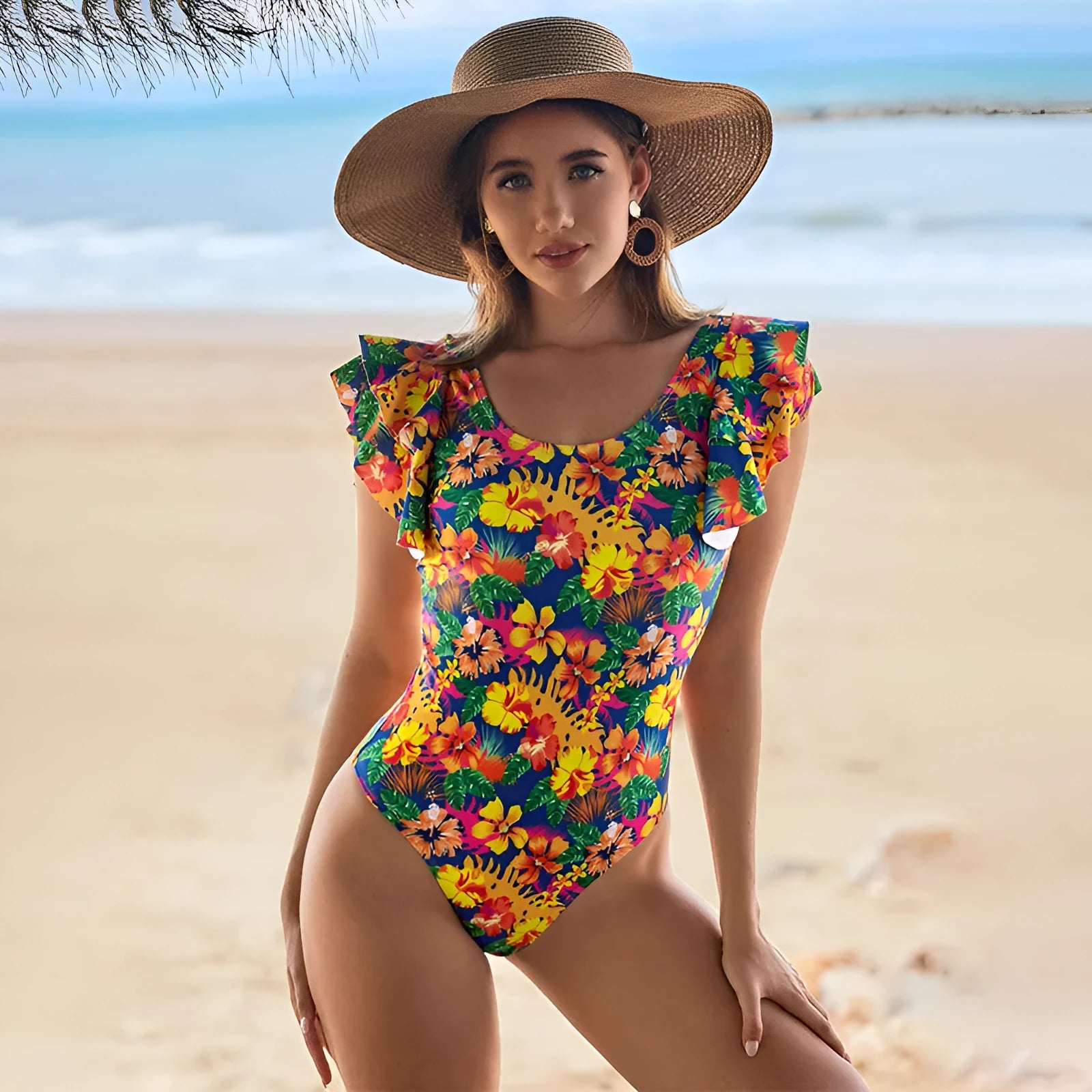 Women's one-piece swimsuit with U-shaped collar and lace design, polyester fabric, sleeveless, available in multiple colours