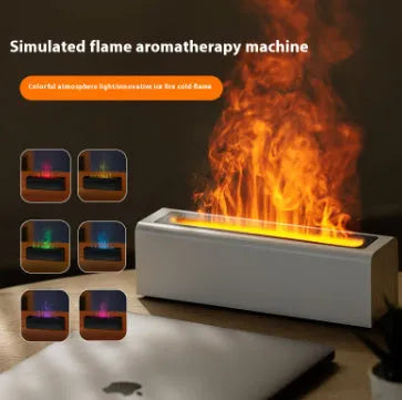 Square USB plug-in aroma diffuser with flame simulation light and humidifier mist.