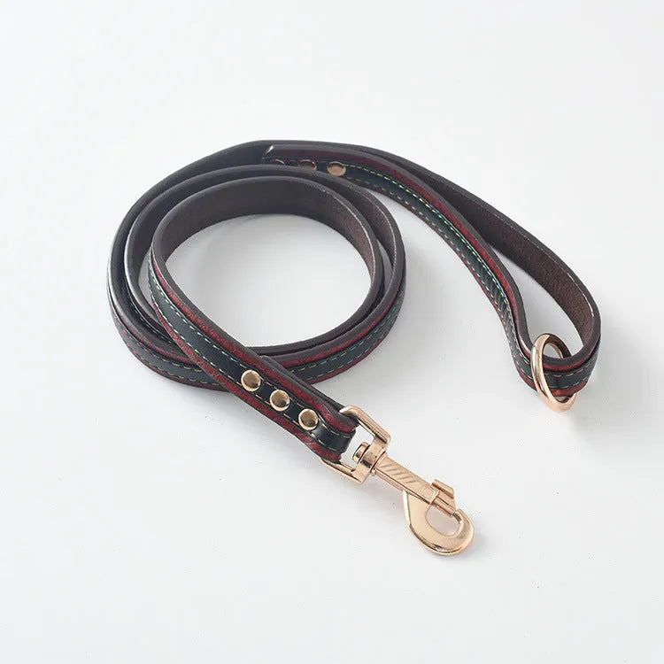 PU dog leash and collar set in black, red, yellow or coffee, 120x2cm lead, collar sizes 48x2cm, 56x2.5cm, 68x3cm.