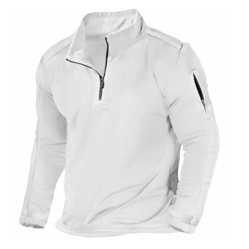 Men's black zip-front long-sleeved sweater with a stand collar on a hanger.