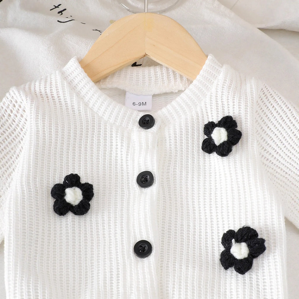 Baby girl cotton outfit set with white long-sleeved wool flower top and black trousers for toddlers 6 months to 3 years