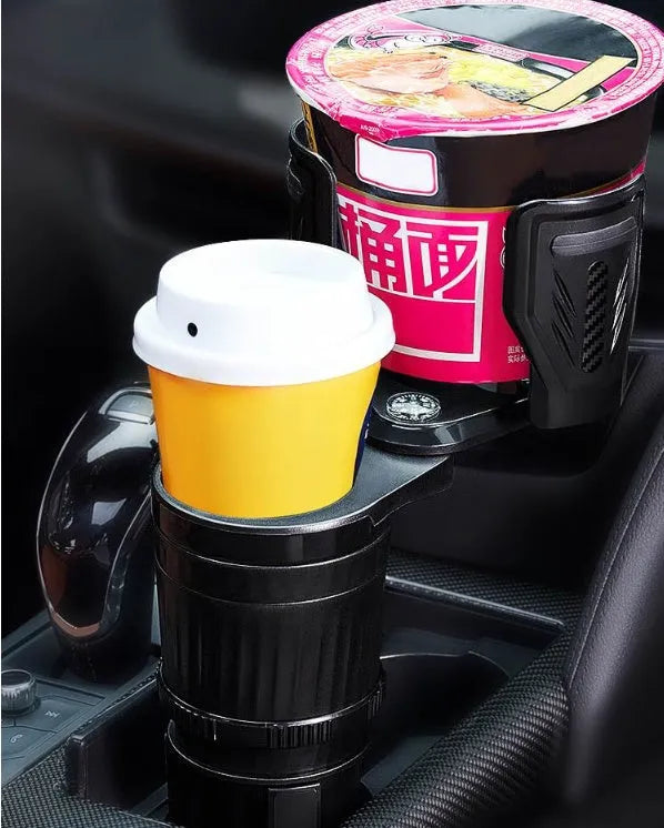 Carbon fibre black adjustable car drink holder with retractable base showing size range.