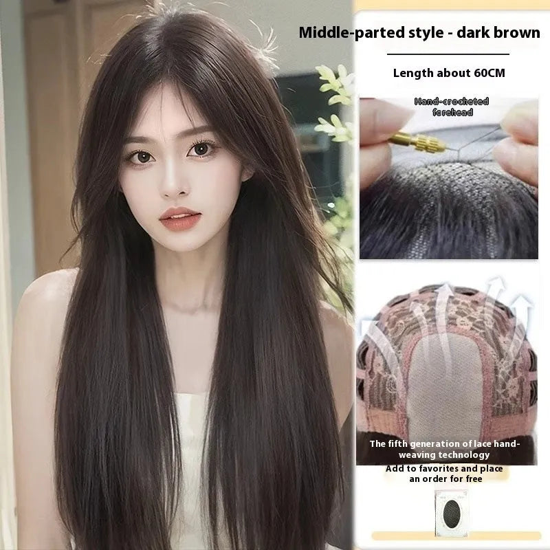 Long straight black wig with side bangs and a sheer lace front hairline.