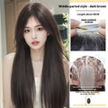 Long straight black wig with side bangs and a sheer lace front hairline.