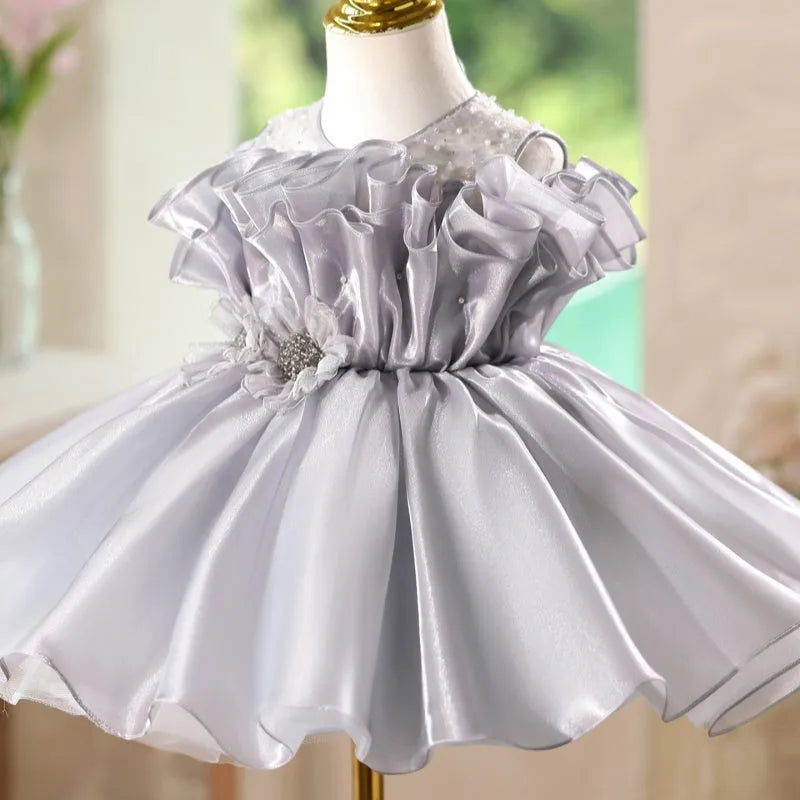 Girls' smoky grey sleeveless polyester princess dress with round neck, short length, slim fit, sizes 90cm to 160cm