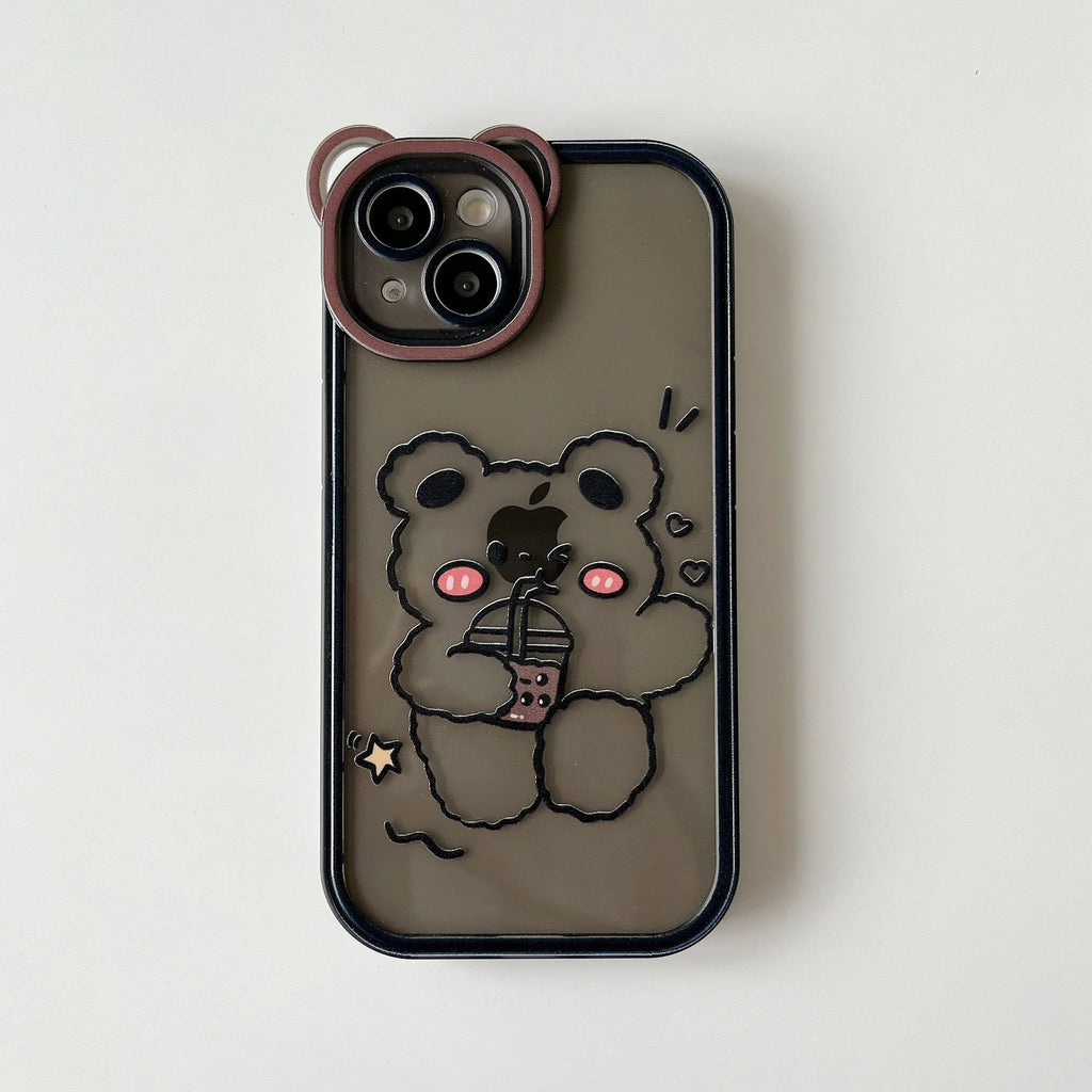 Drinking milk tea bear TPU phone case for iPhone 14, 13, 12, 11 series on a white background