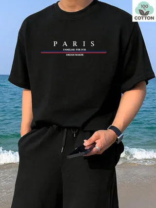 Men's pure cotton short-sleeve t-shirt with letter printing in apricot colour, loose fit style