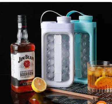 2-in-1 portable ice ball tray and water bottle with quick-release mould, light blue colour, 17 ice balls capacity