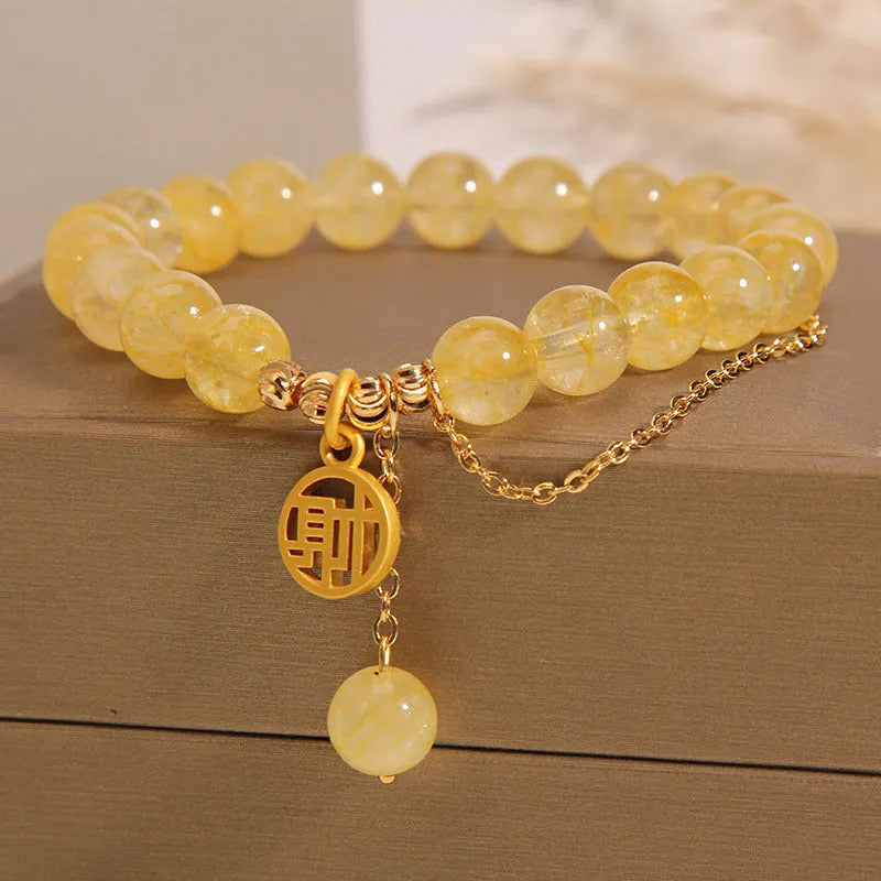 Natural citrine bracelet with Chinese character tassel in electroplated mixed materials