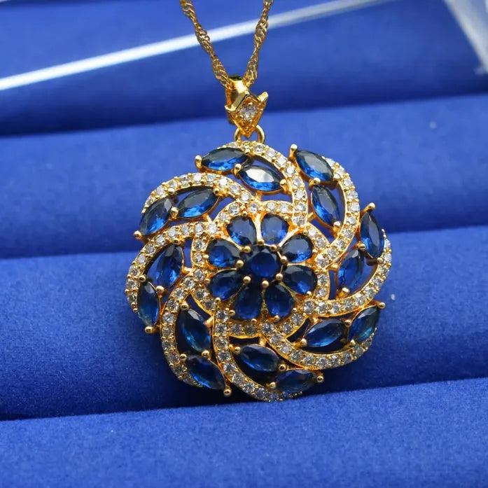 Spiral design colour zircon pendant necklace with real gold plated copper flower shape
