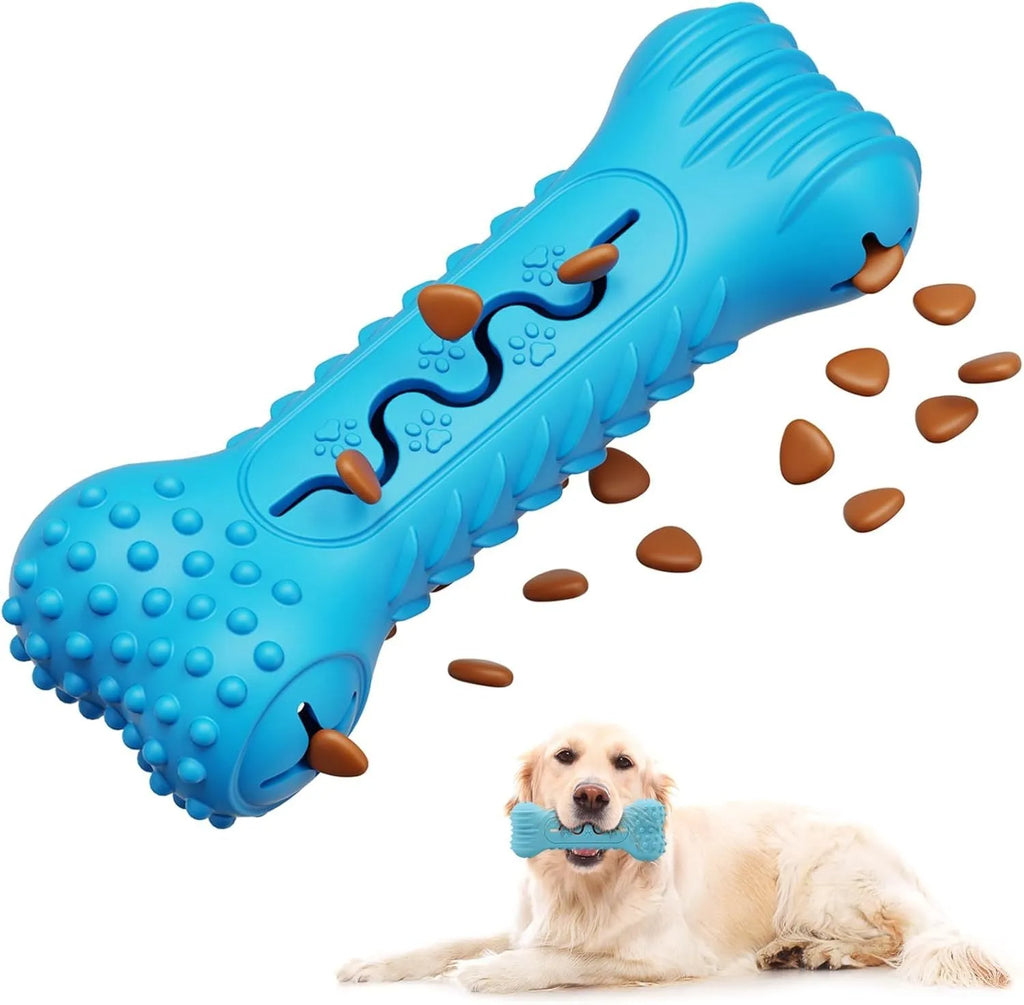 Blue bone-shaped natural rubber dog chew toy with textured surface on a white background.