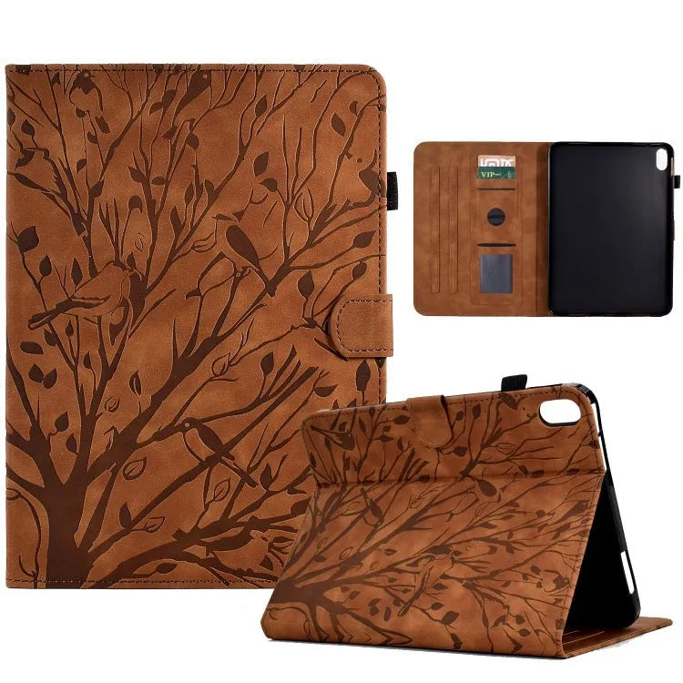 Imitation leather tablet protective case with a folded-out kickstand, shown in khaki colour.