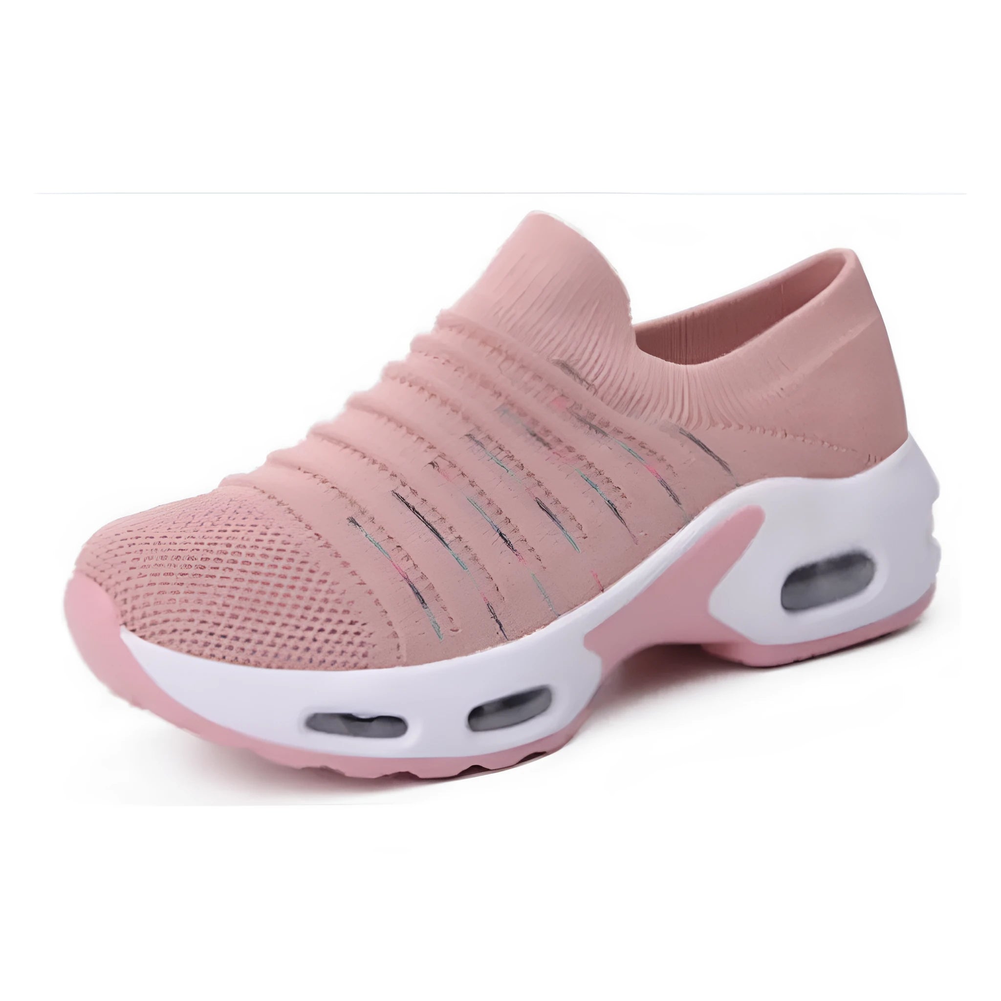 Women's plus size fly-knit socks shoes in stretch mesh with low heel and round toe.
