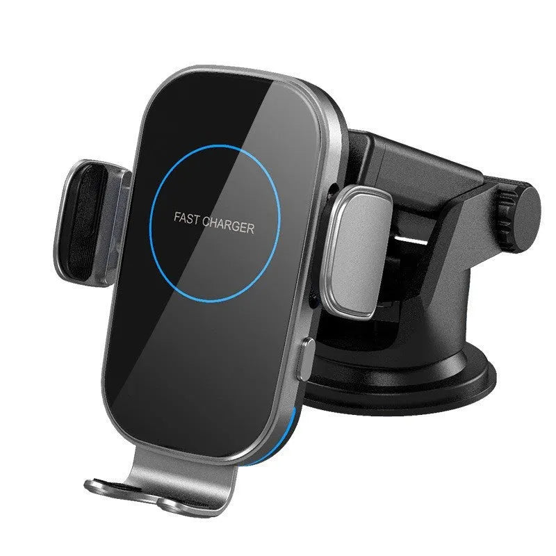 15W car wireless charger with automatic induction clamp, black finish, mounted on car vent with smartphone