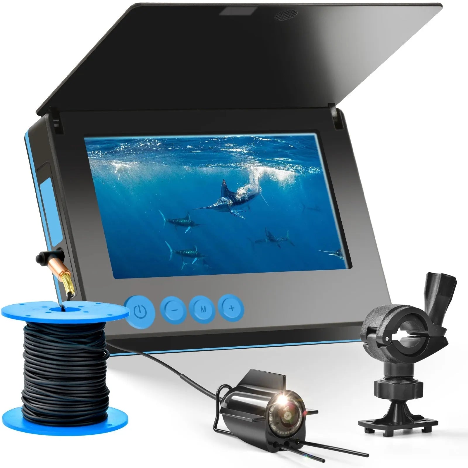 HD underwater fishing camera with screen, temperature sensor, and night vision lights on a cable.