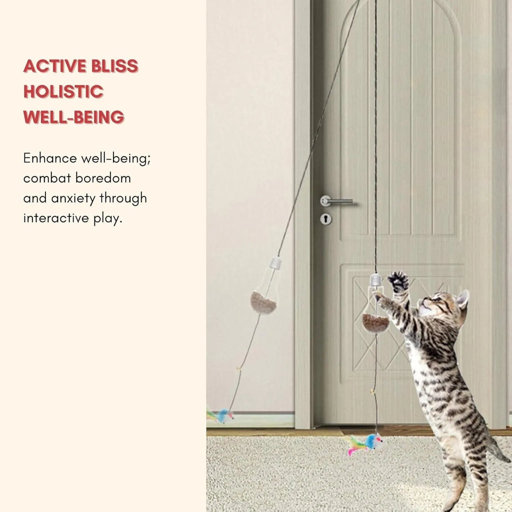 Grey and yellow interactive hanging cat toy with retractable rope, treat bulb, and mouse attachment.