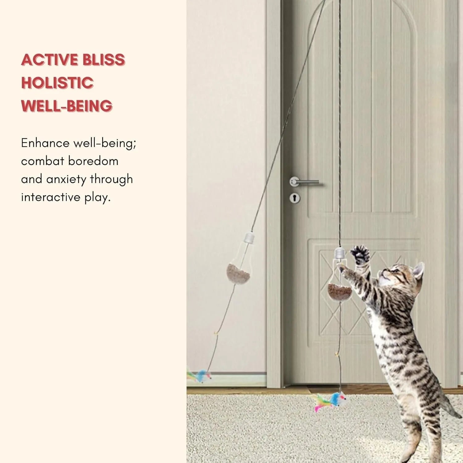 Grey and yellow interactive hanging cat toy with retractable rope, treat bulb, and mouse attachment.
