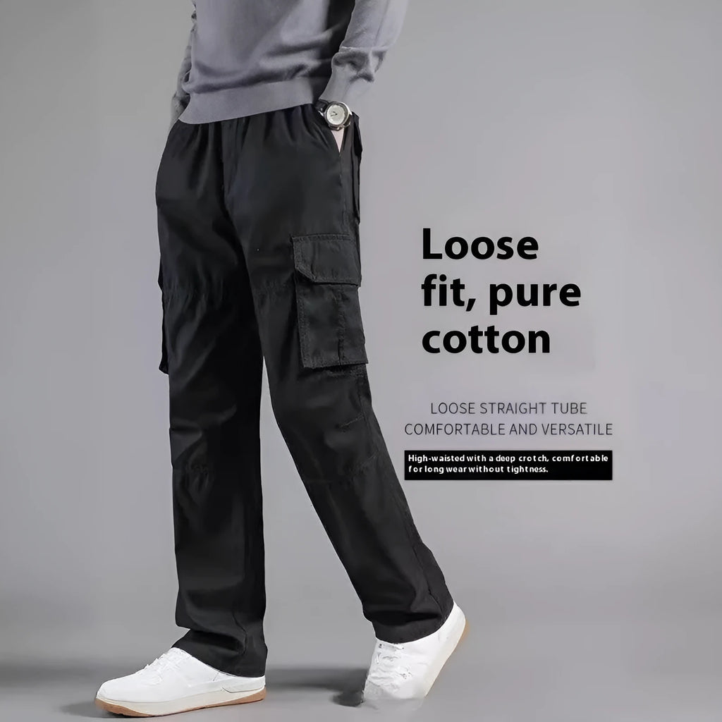 Men's multi-pocket 100% cotton cargo pants in khaki, mid waist with zipper fly, size M-5XL