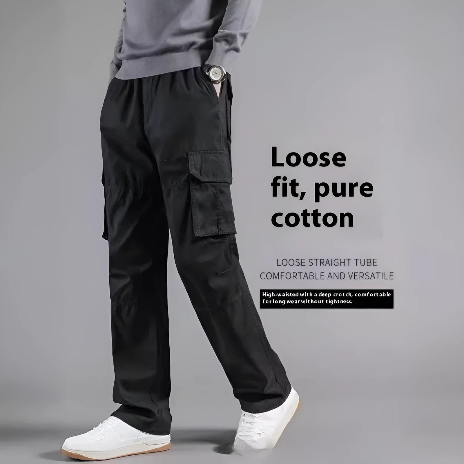 Men's multi-pocket 100% cotton cargo pants in khaki, mid waist with zipper fly, size M-5XL