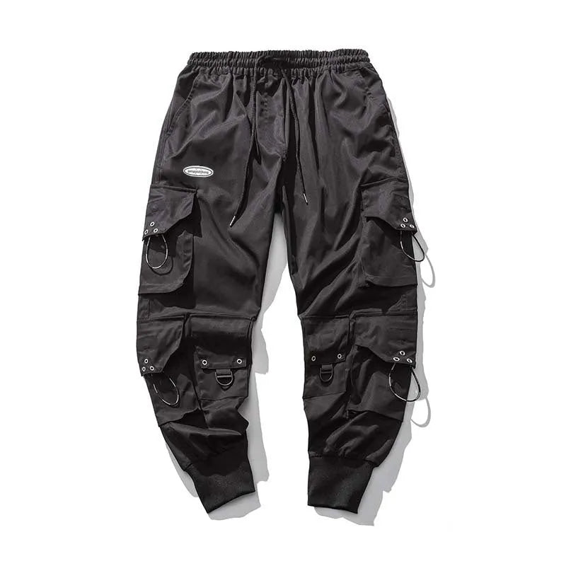 Men's black baggy cropped cargo pants with bound hem, side cargo pockets, size M to 5XL