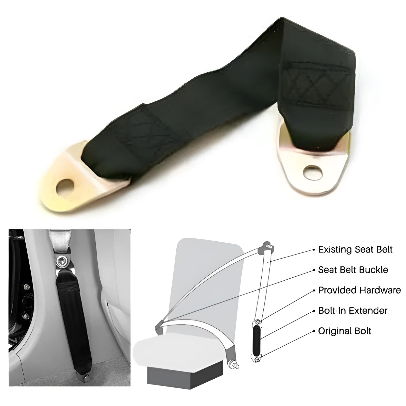 Universal door latch and stop belt with polyester fixing strap, metal buckle, and mounting screws