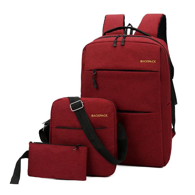 Men's USB charging casual computer bag three-piece set in black nylon with internal compartments