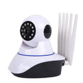 White wireless dome security camera on a stand showing the lens and housing.