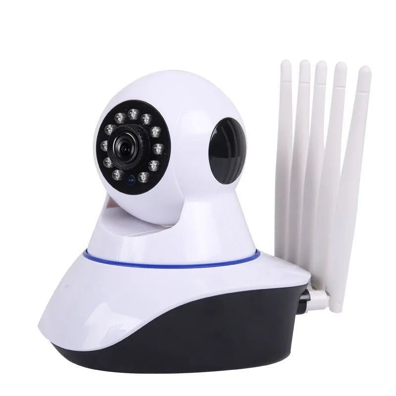 White wireless dome security camera on a stand showing the lens and housing.
