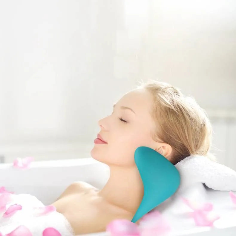 Blue Shiatsu C-rest neck pillow in memory foam, fish tail shape, 21 x 24 x 13 cm, for adult neck support