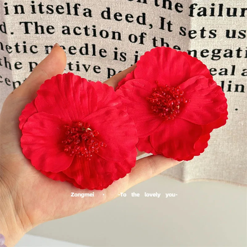 European American exaggerated handmade flower earrings for women, red steel needle pairs, handwoven mixed material floral design