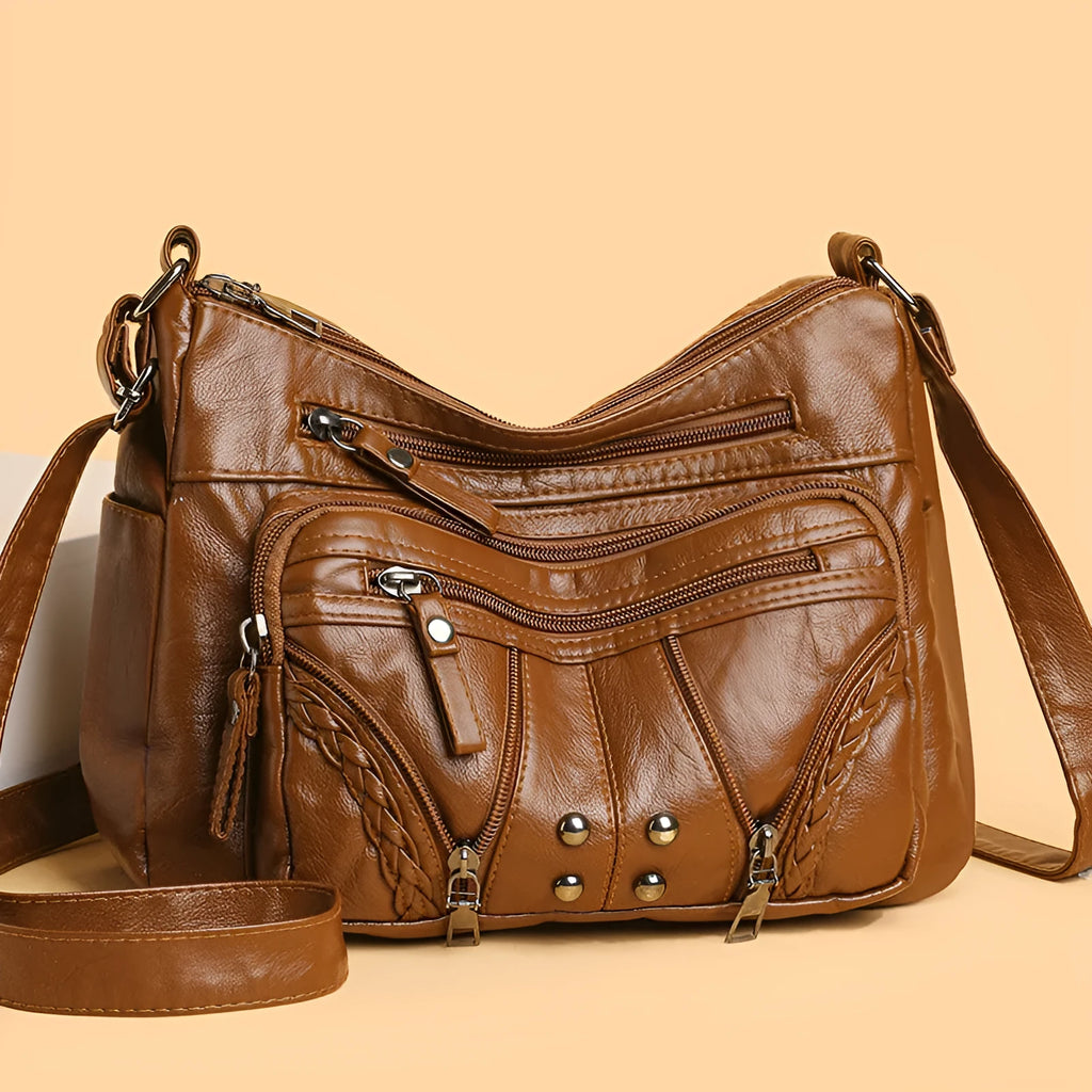 Large capacity women's PU shoulder bag in horizontal square shape with sandwich pocket, available in beige, black, blue, brown and red