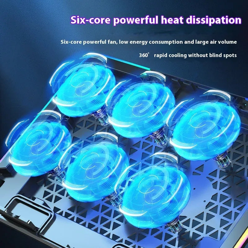Black laptop cooling pad with RGB light, phone bracket, wire fence plastic body, 360x255x27mm