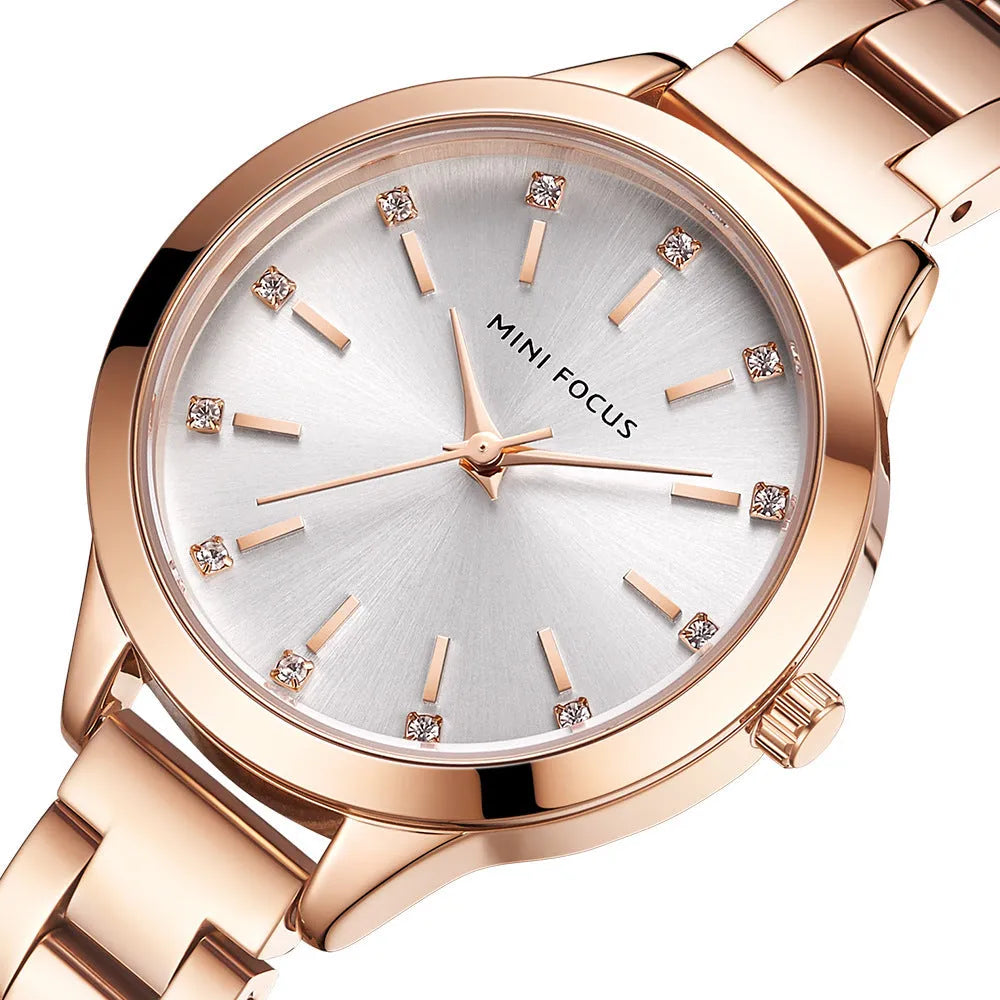 Women's 34mm solid steel strap quartz watch with rhinestone accents, blue dial, alloy case, 3ATM water-resistant