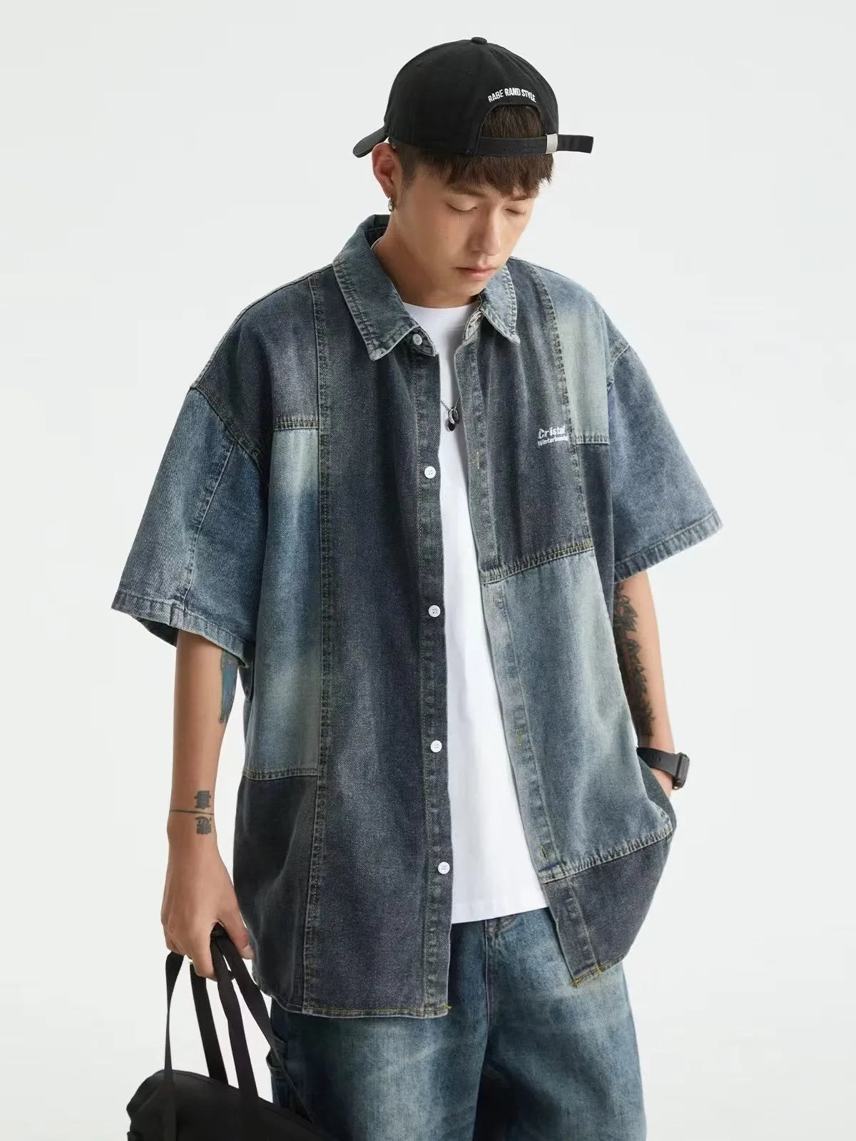 Blue Japanese-style retro denim shirt with washed stitching details in loose cardigan fit