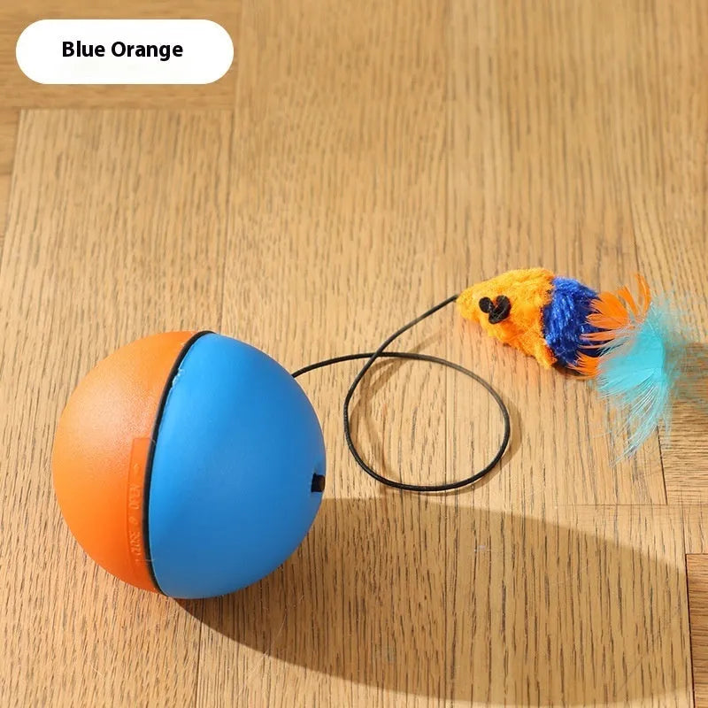 Automatic cat teasing ball toy with plush mouse in blue orange and dark grey colours