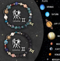 Two adjustable beaded bracelets with natural stone beads and sterling silver zodiac charms on a wrist.