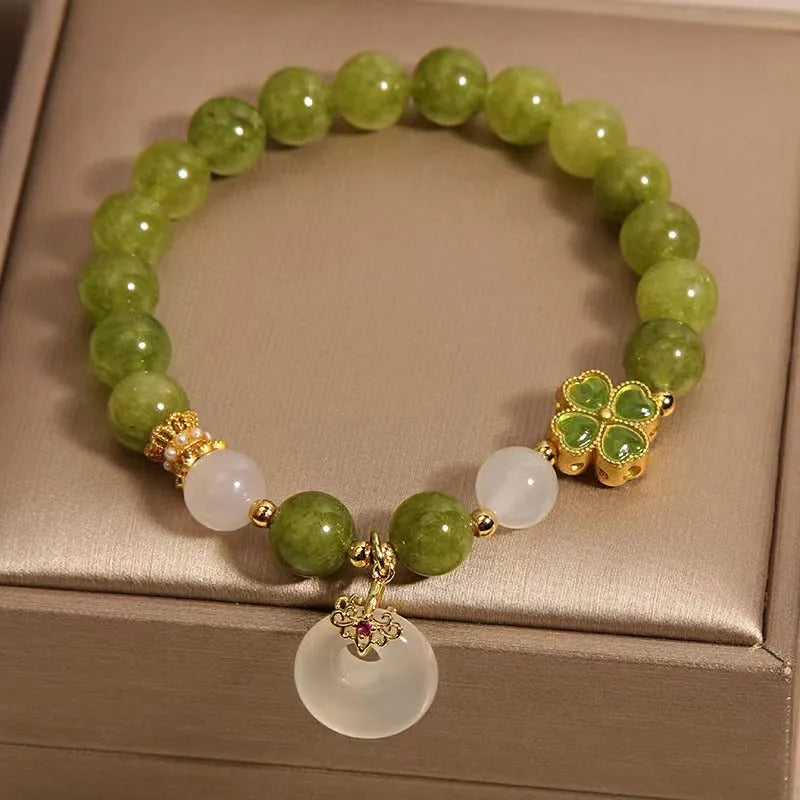 Women's green tourmaline bracelet with four-leaf clover charm and safety buckle in new Chinese style