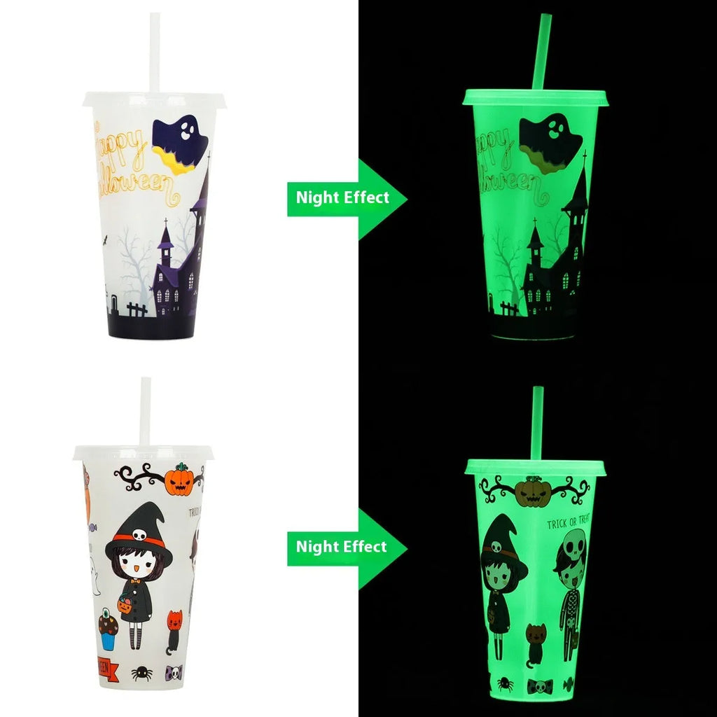 Halloween-themed 720ml plastic sippy cup with luminous straw in assorted colours.