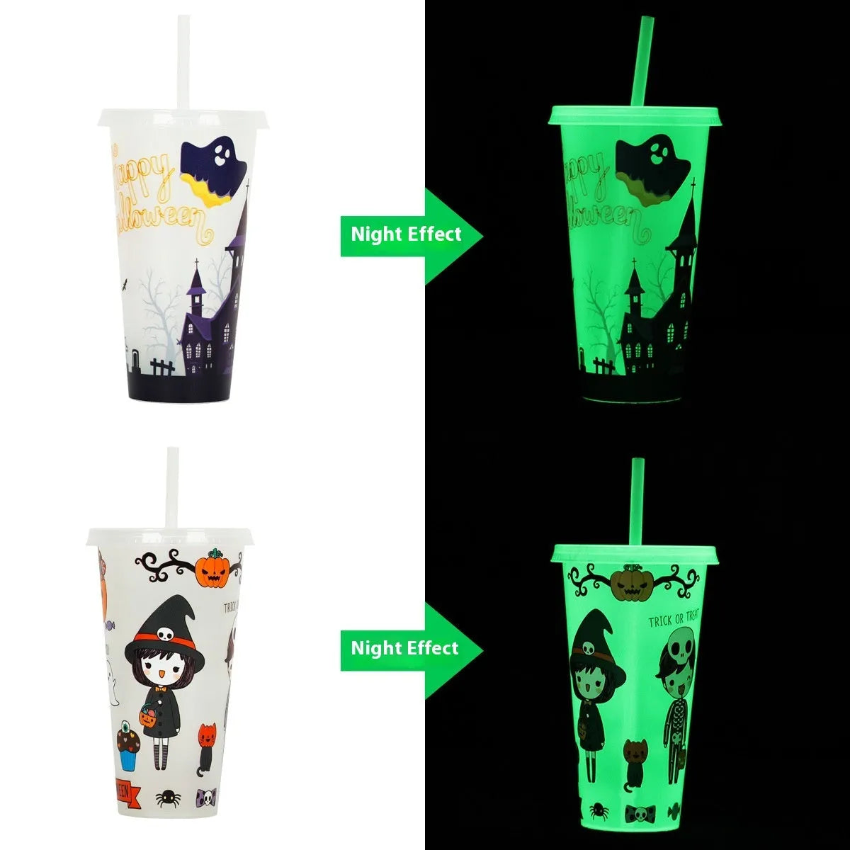 Halloween-themed 720ml plastic sippy cup with luminous straw in assorted colours.
