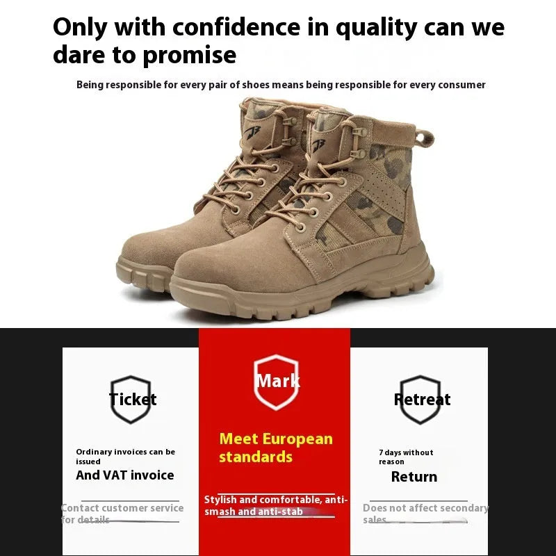 Khaki suede high-top combat boots with a steel toe cap and lace-up front.